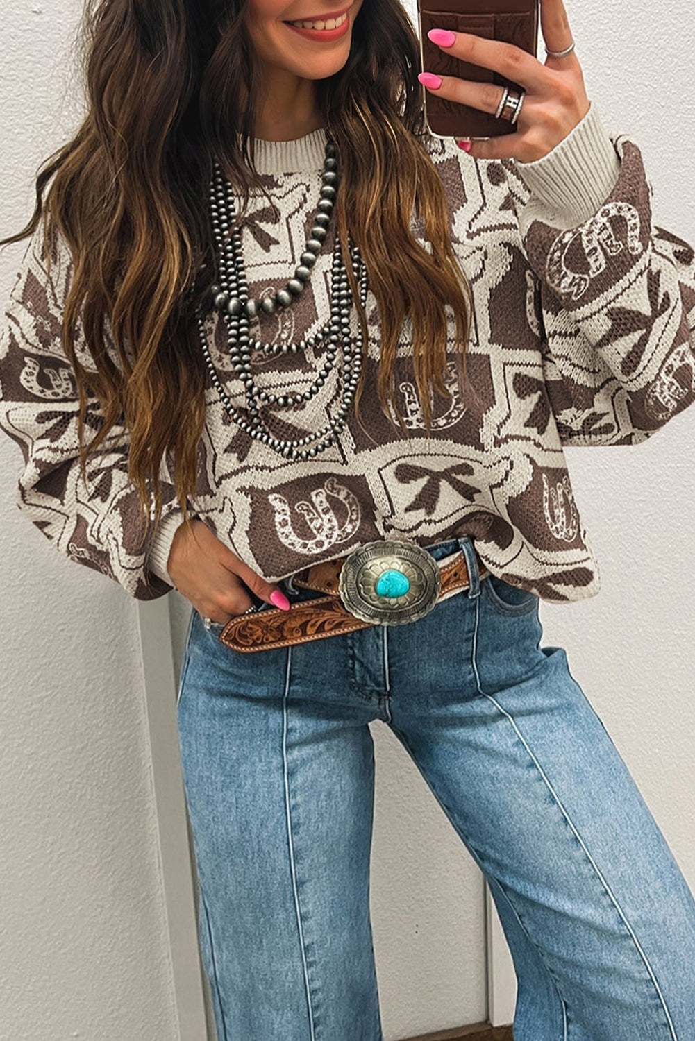 Brown Bows & Horseshoes Western Print Sweater