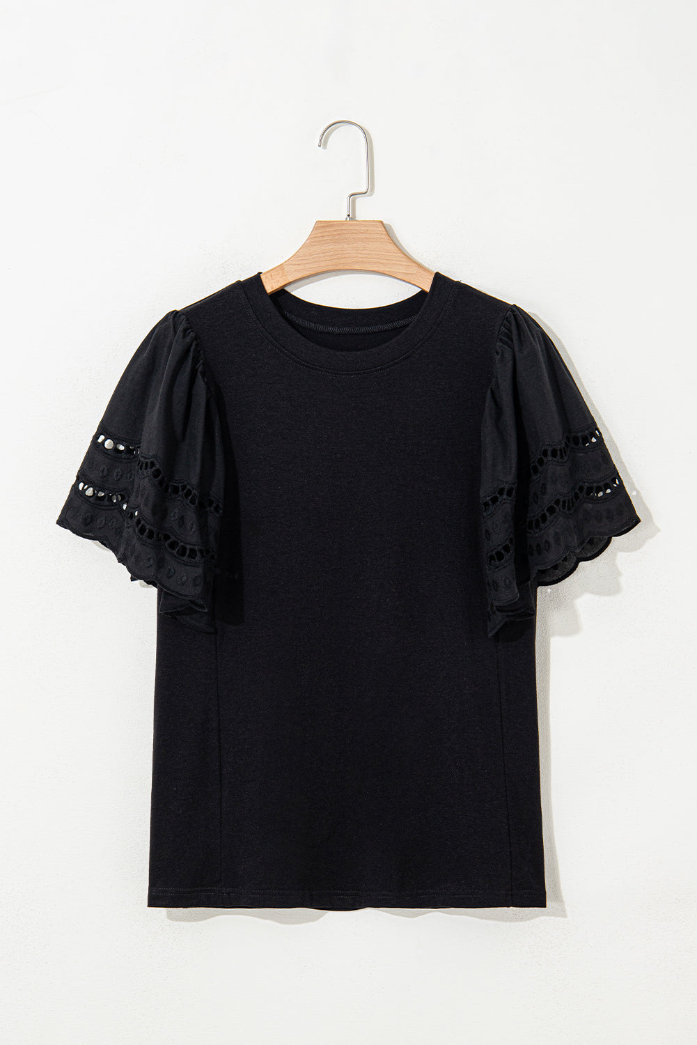Black Hollow Out Embroidered Short Sleeve Top
