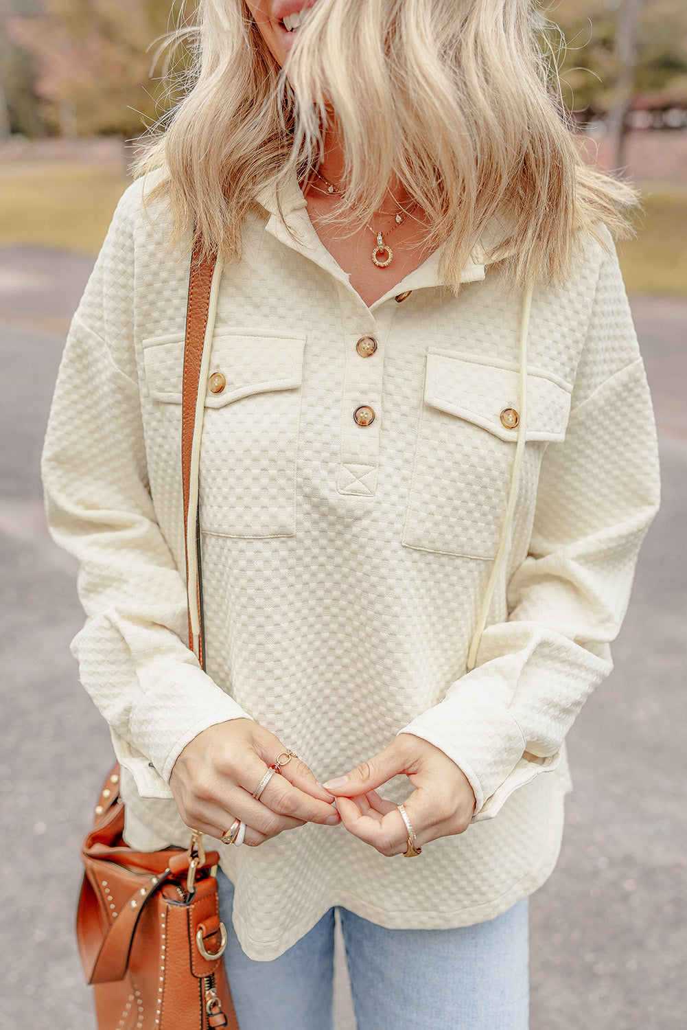 Apricot Textured Buttoned Hoodie