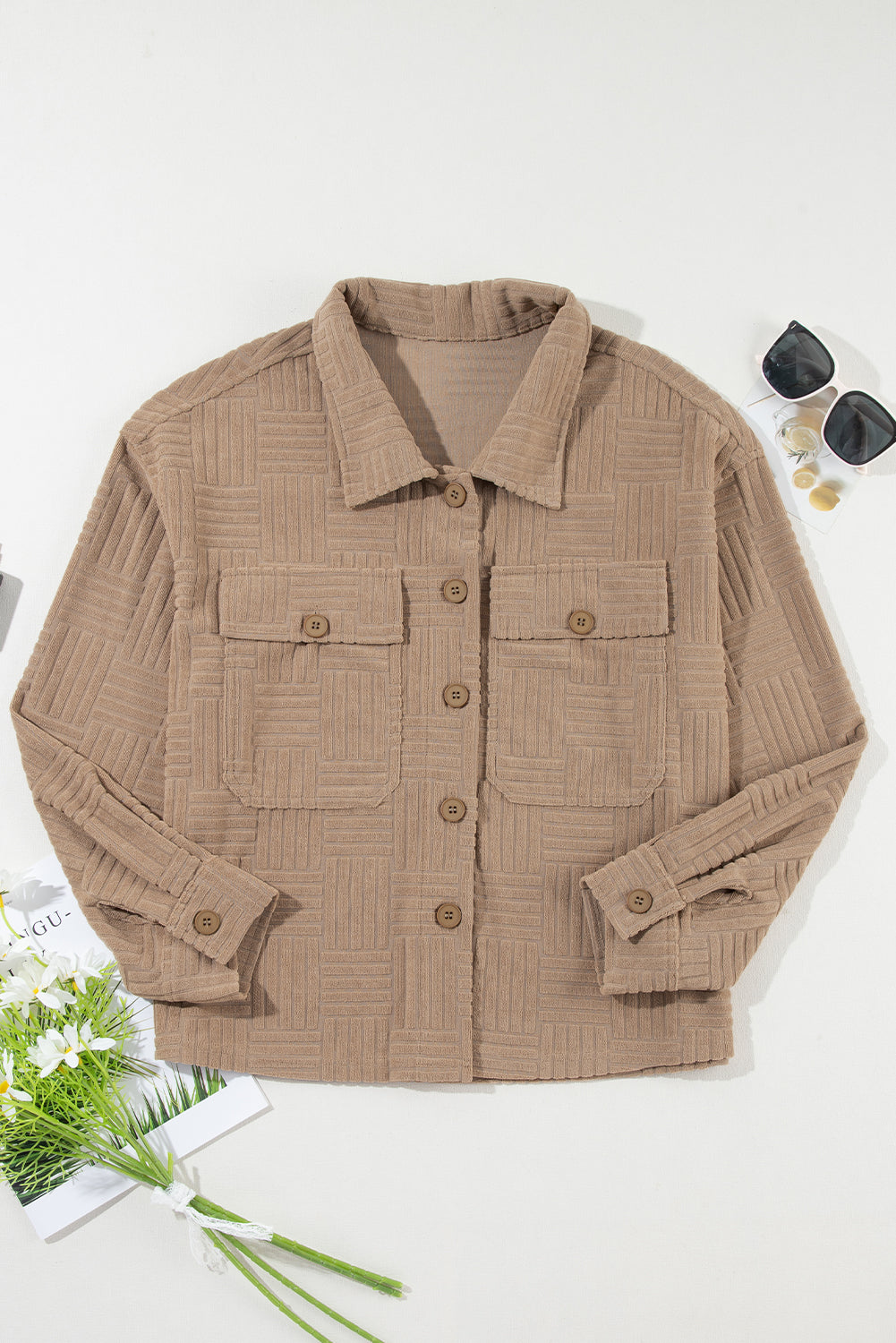 Khaki Textured Pocket Button-up Shacket