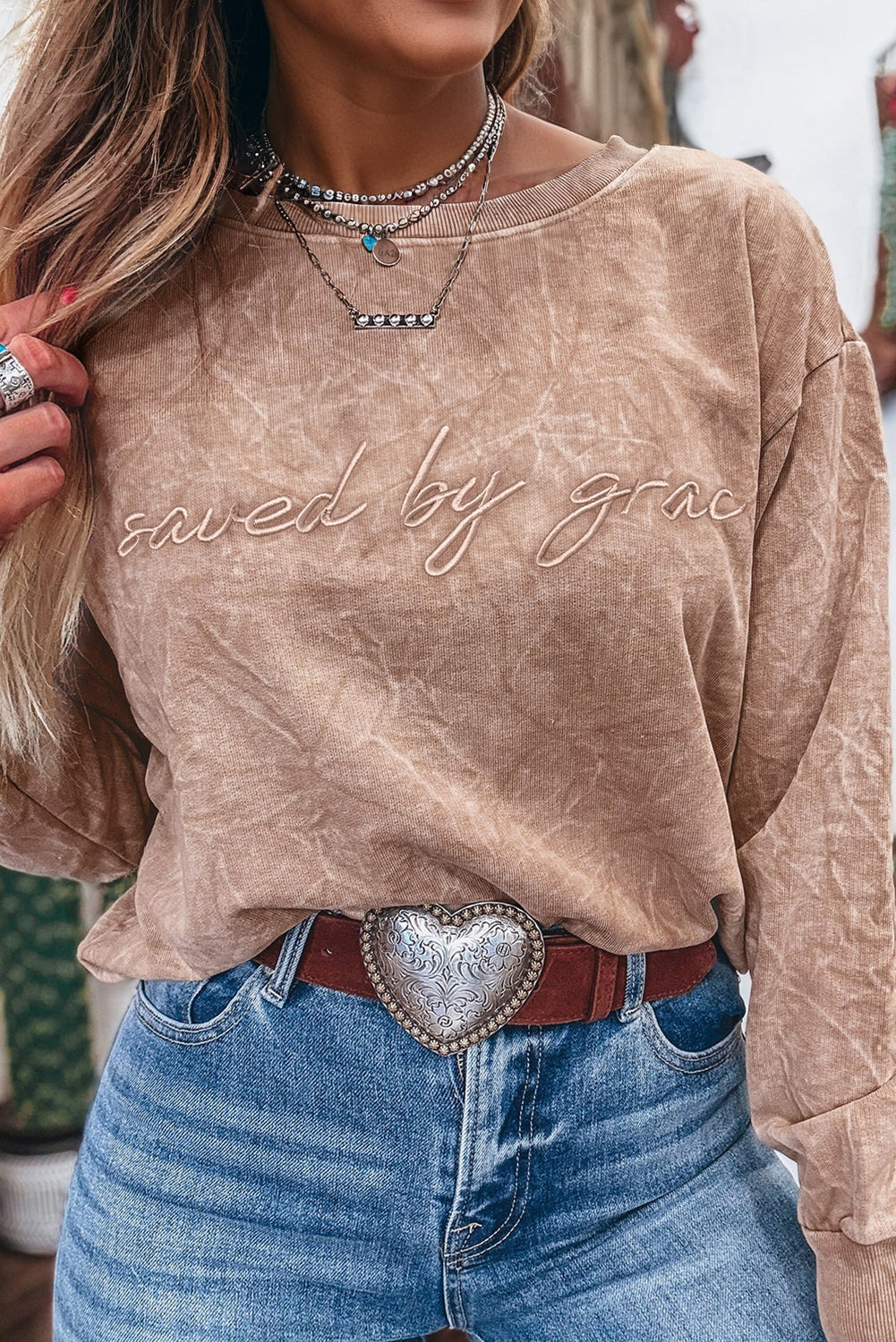‘saved by grace’ Letter Embroidery Mineral Wash Sweatshirt
