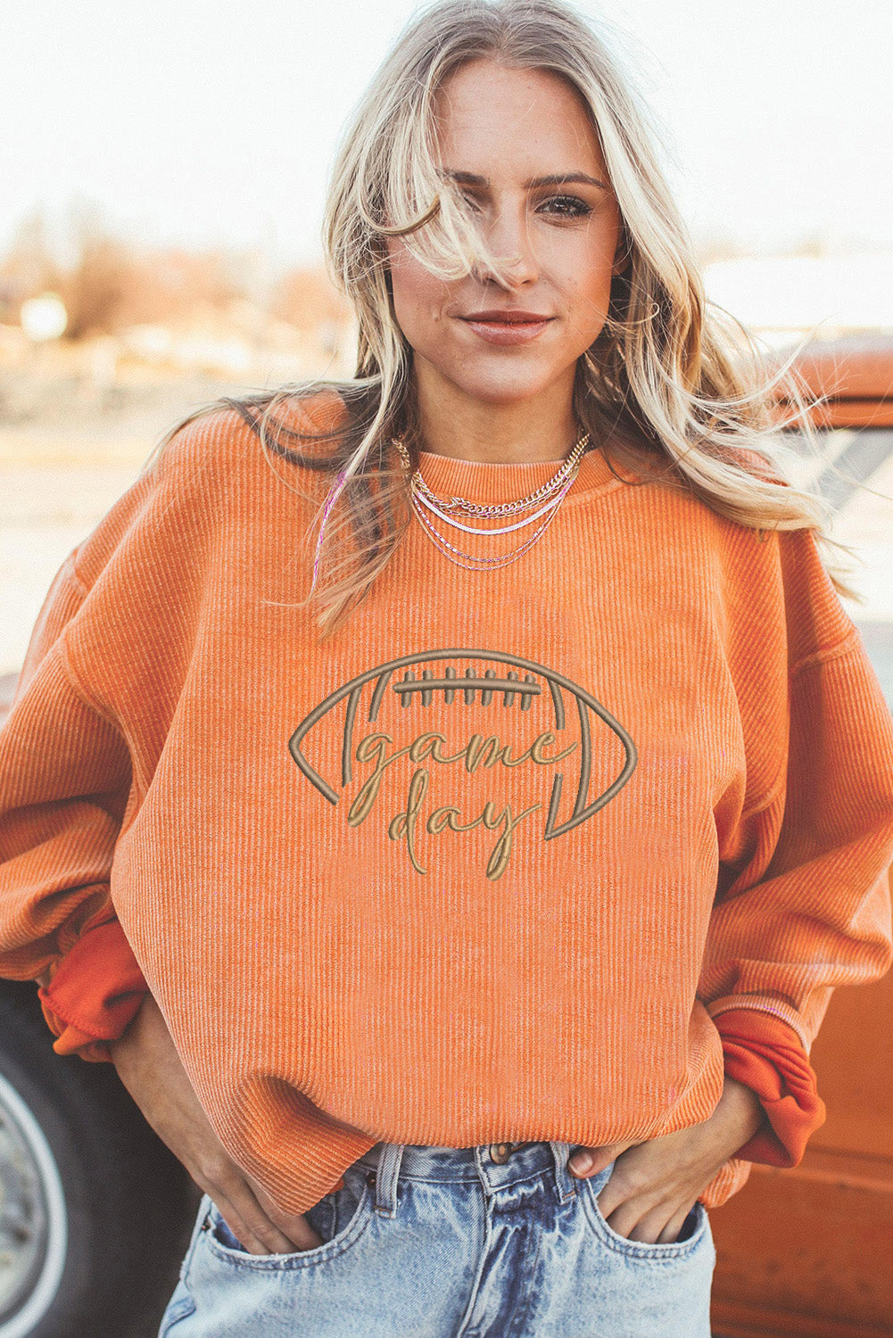 Orange Football Game Day Embroidered Corduroy Sweatshirt