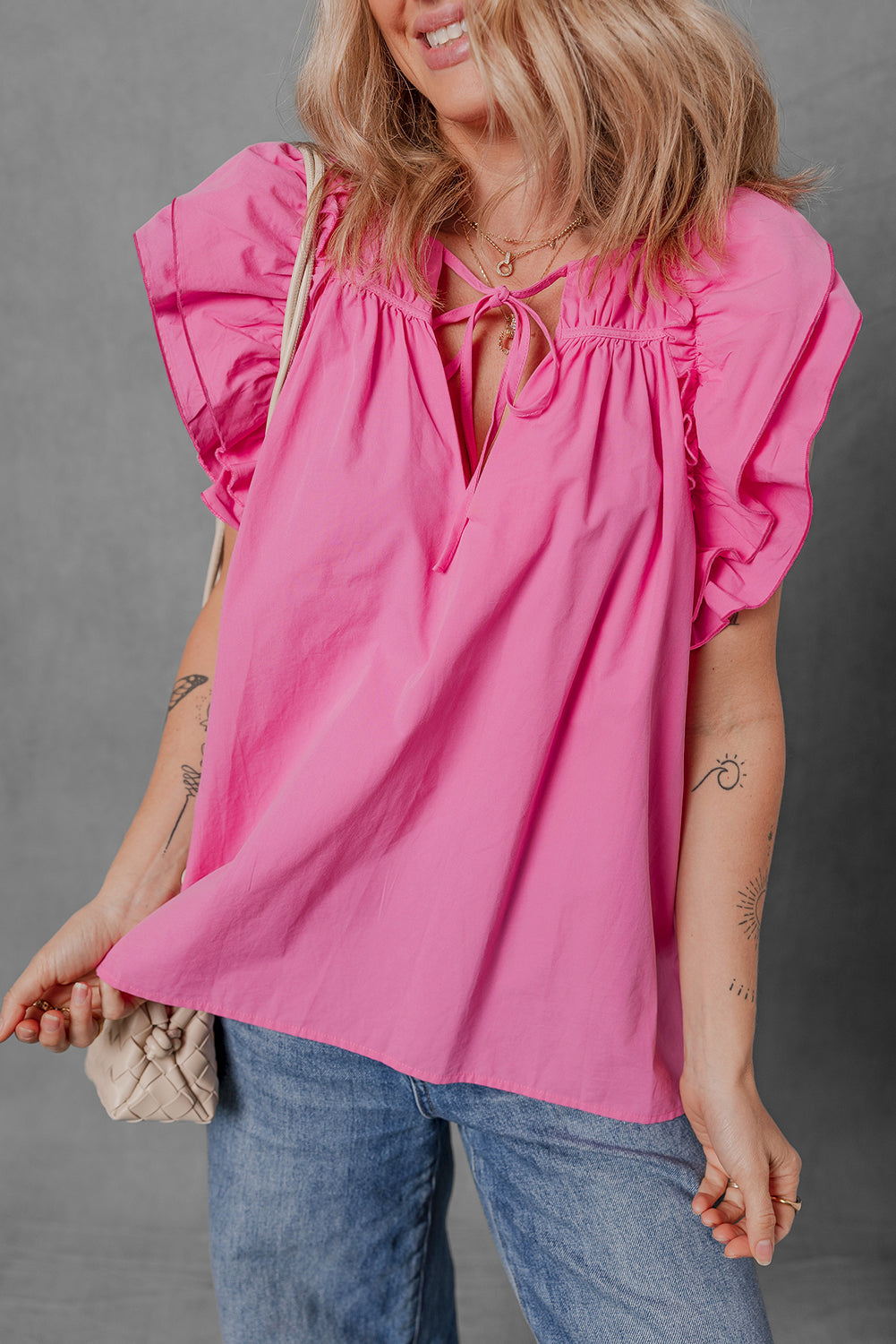 Pink Tie up V Neck Ruffled Sleeve Blouse