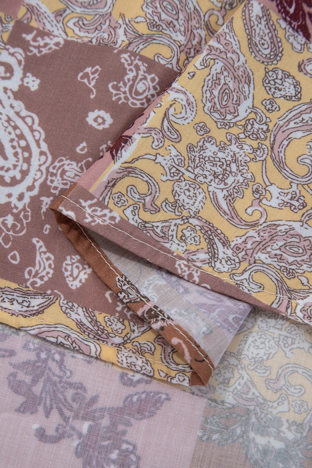 Beige Paisley Print Contrast Long Sleeve Loose Top