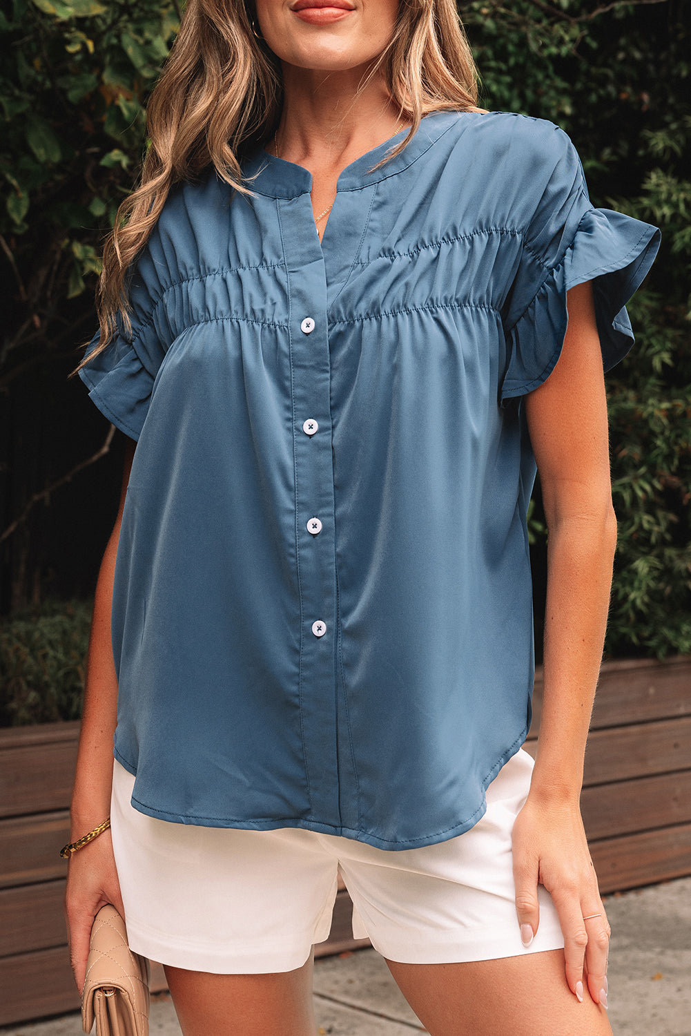 Blue Ruffle Ruched Short Sleeve Buttoned Shirt