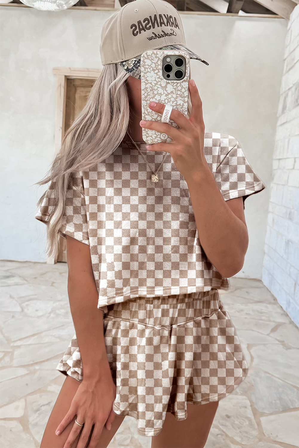 Brown Checkered T Shirt and High Waist Skort Set