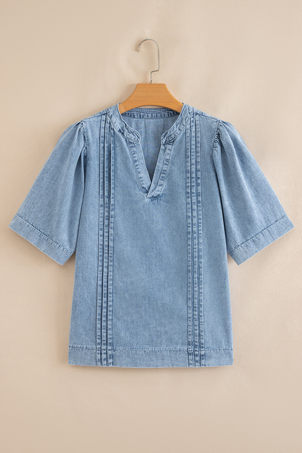 Denim Pintuck Pleats Puff Sleeve V Neck Top