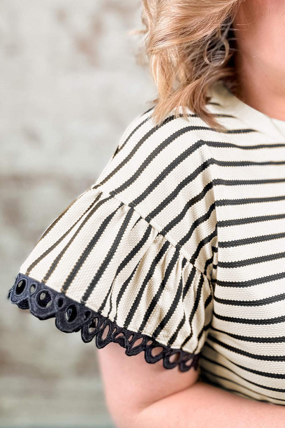 Black Stripe Trimmed Ruffled Short Sleeve Plus Size Top