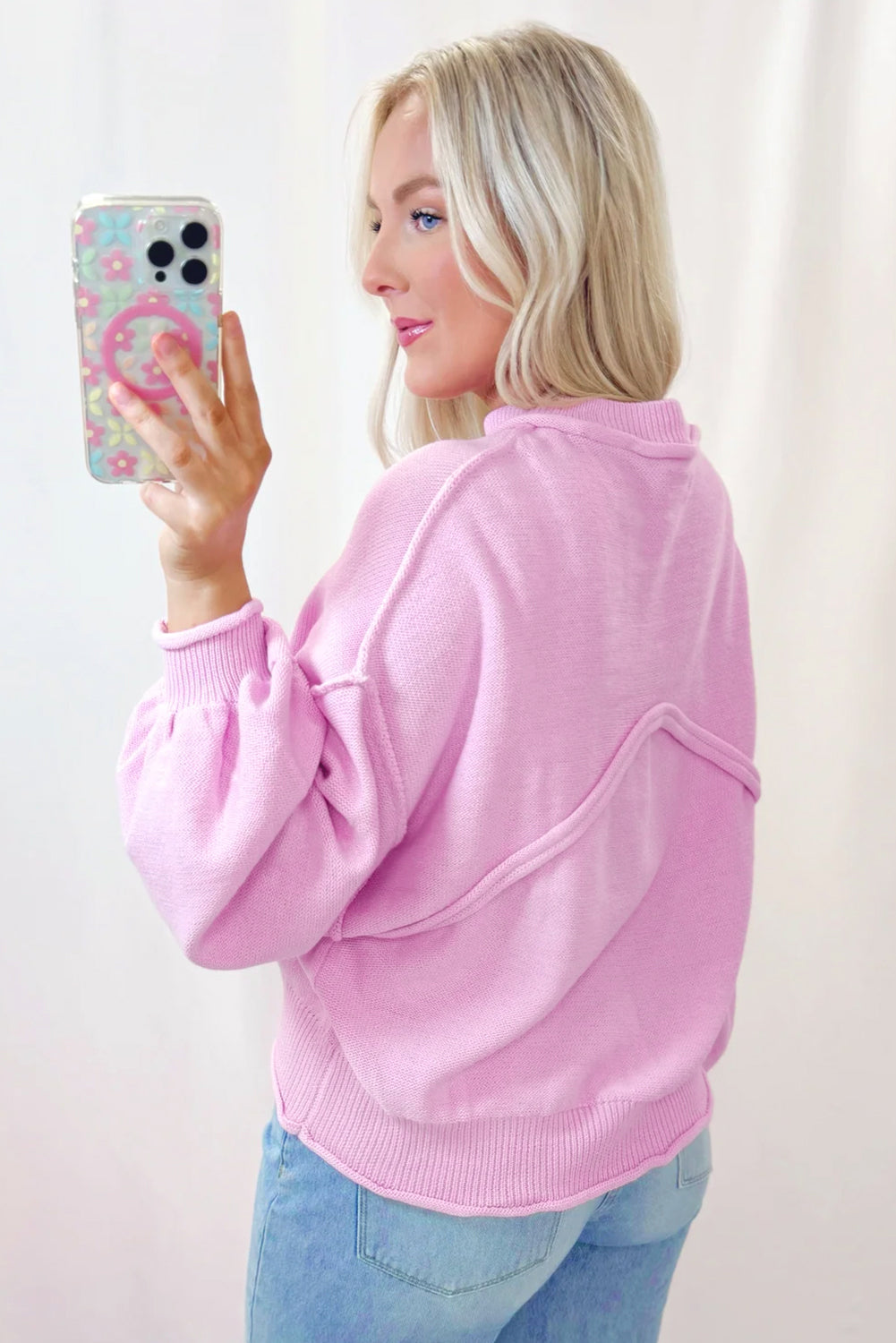 Pink Raw Edge Ribbed Drop Shoulder Sweater