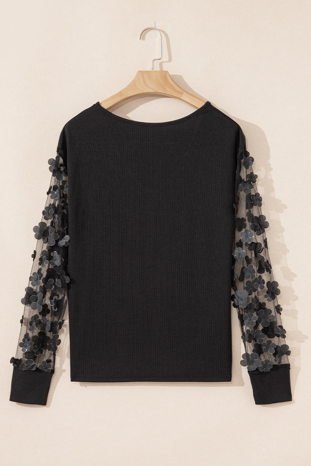 Black Flower Mesh Long Sleeve V Neck Blouse