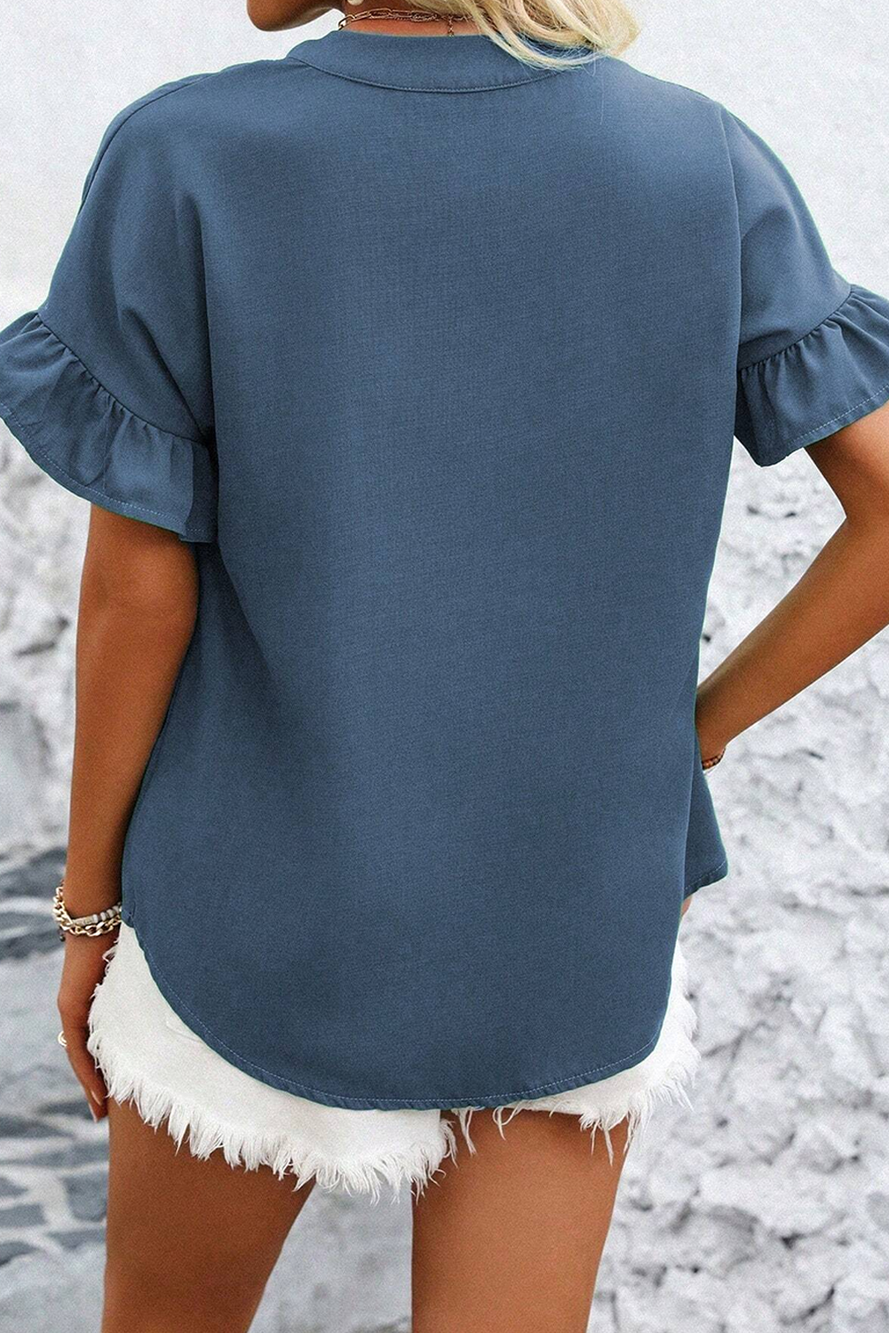 Blue Ruffle Ruched Short Sleeve Buttoned Shirt