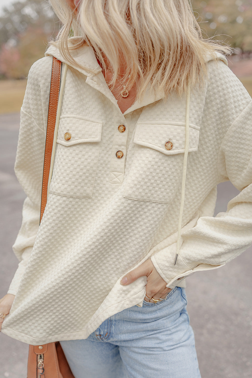 Apricot Textured Buttoned Hoodie