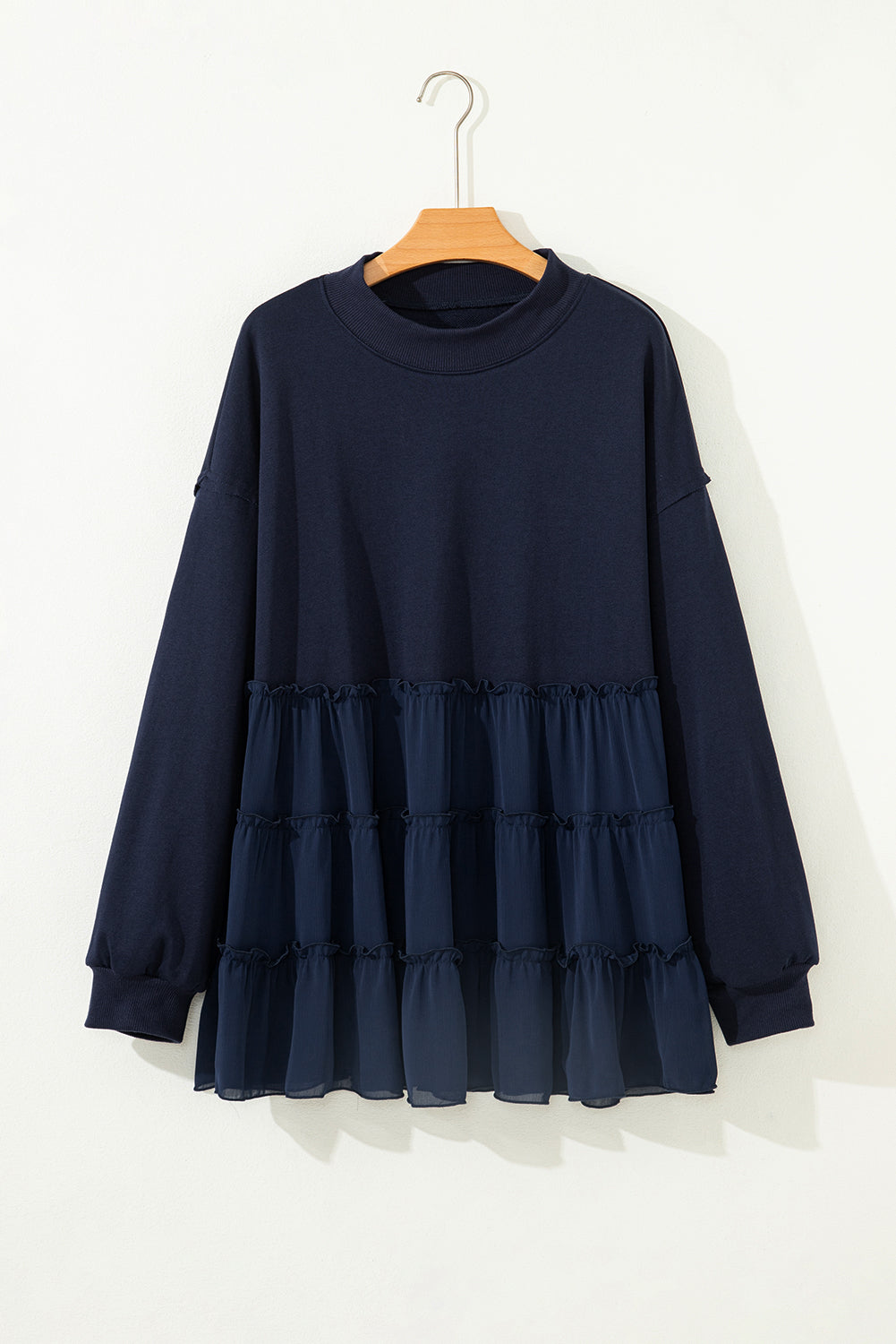 Navy Blue Tiered Ruffle Crew Neck Pullover Plus Size Top
