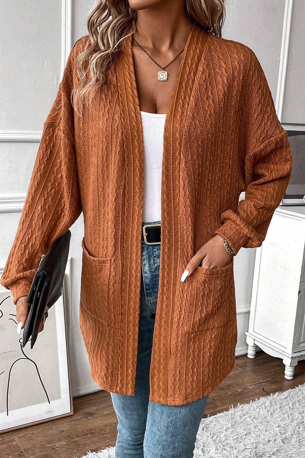 Chestnut Textured Knit Open Front Cardigan