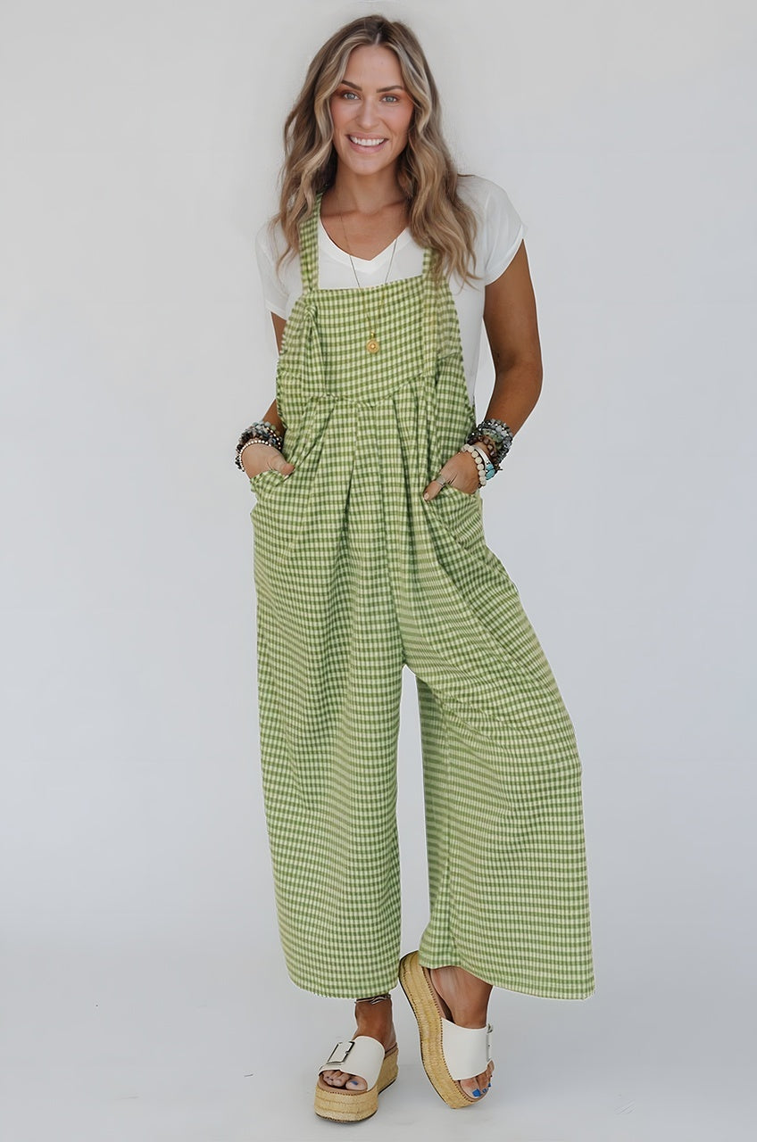 Green Gingham Wide Leg Loose Overall