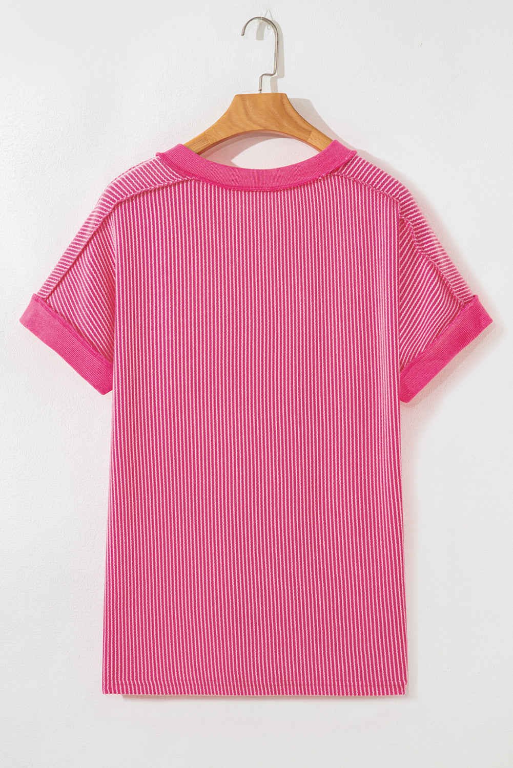 Rose Red Ribbed Knit V Neck Casual Tee