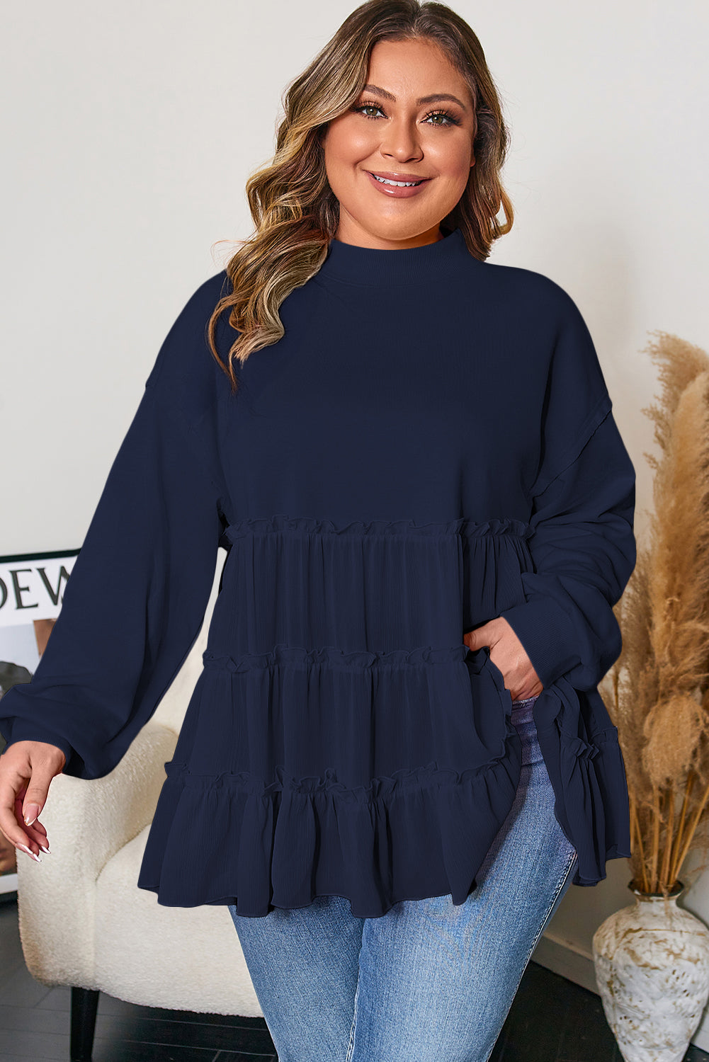 Navy Blue Tiered Ruffle Crew Neck Pullover Plus Size Top