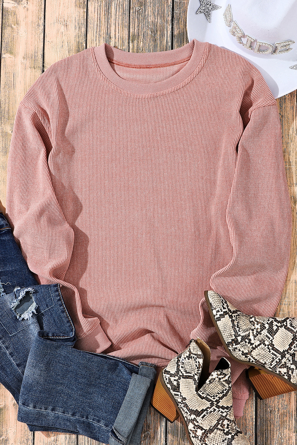 Pink Ribbed Knit Pullover Sweatshirt