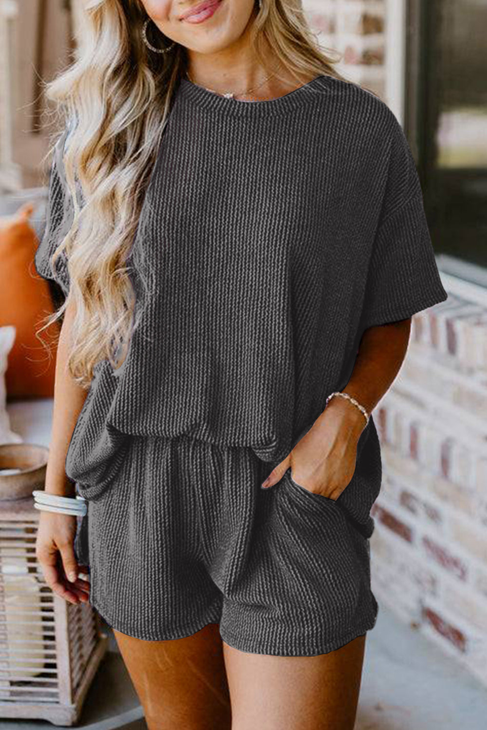 Carbon Grey Ribbed Knit Tee and Shorts Set