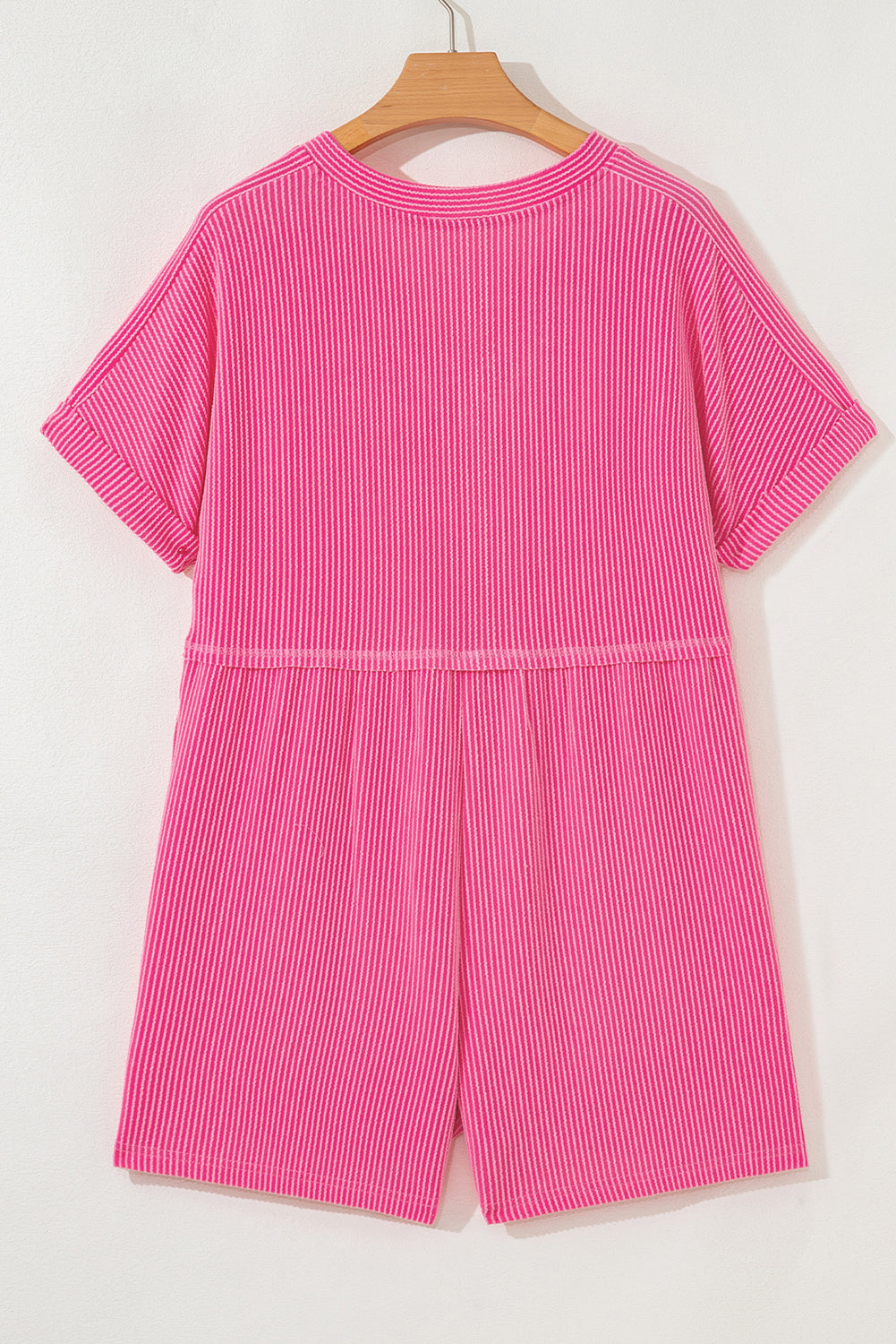 Bright Pink Ribbed Short Sleeve V Neck Romper