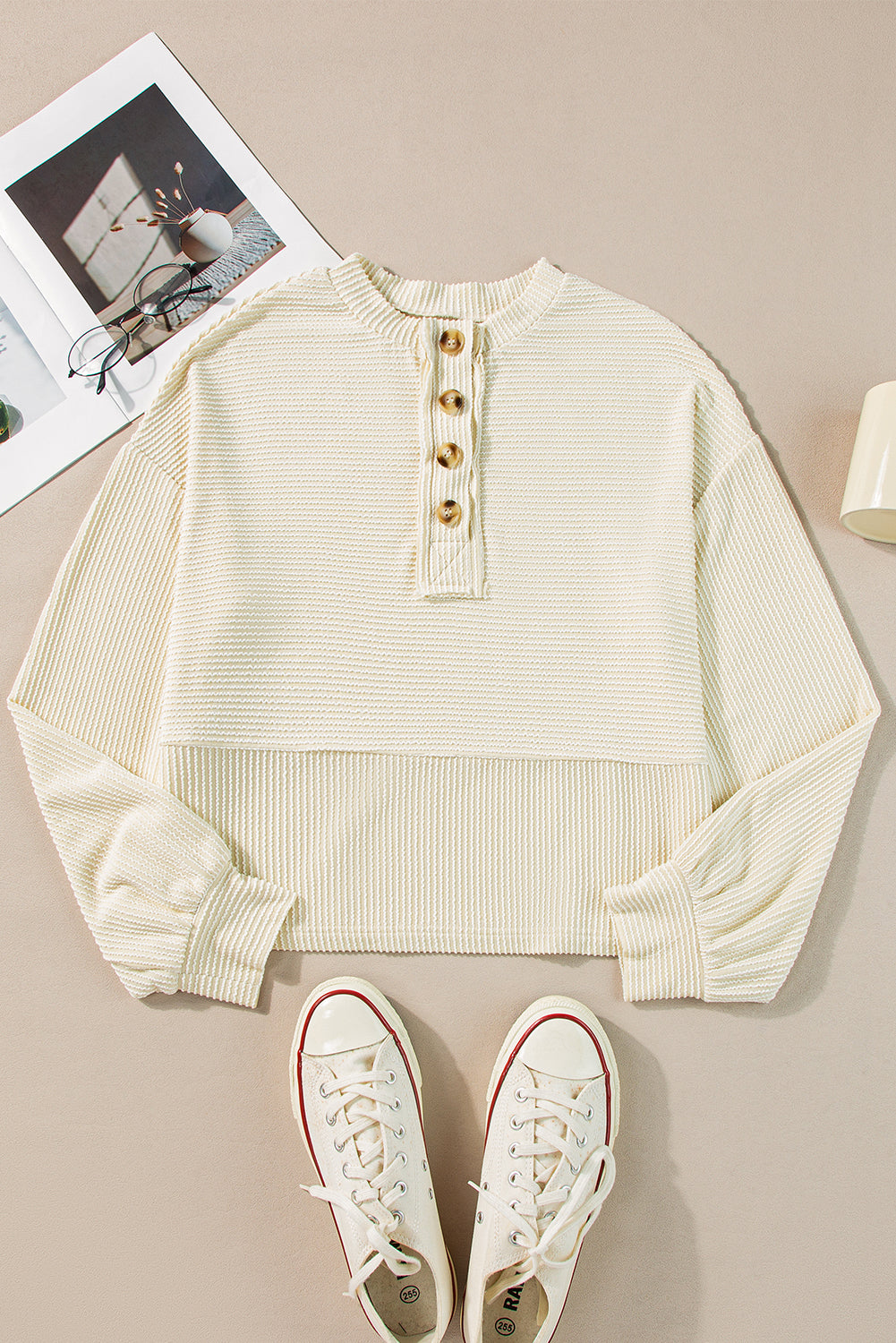 Apricot Texture Sleeve Buttons Sweater