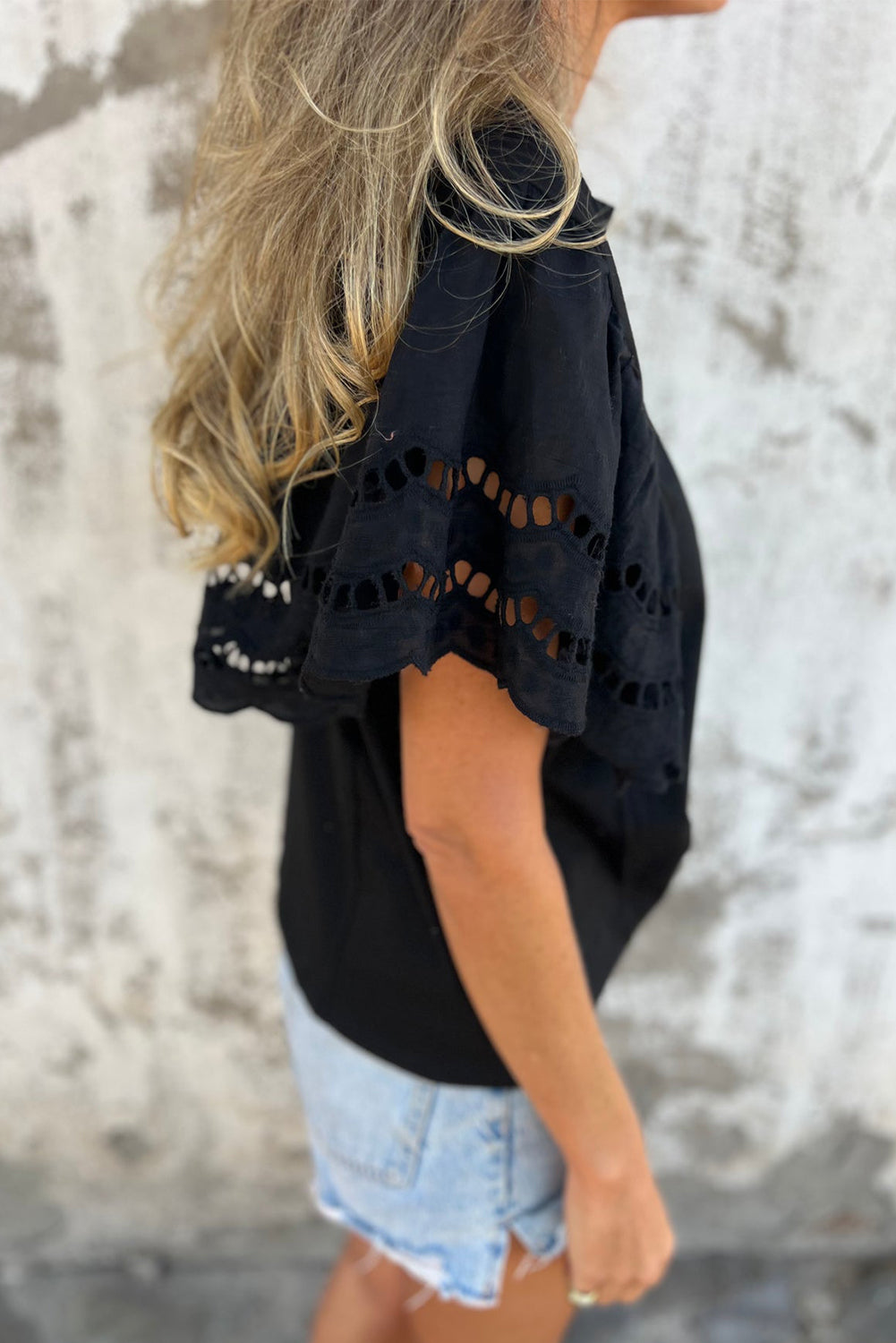 Black Hollow Out Embroidered Short Sleeve Top