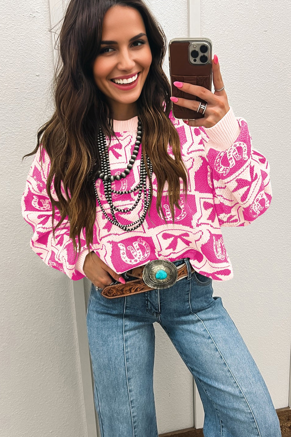 Pink Bows & Horseshoes Pattern Sweater