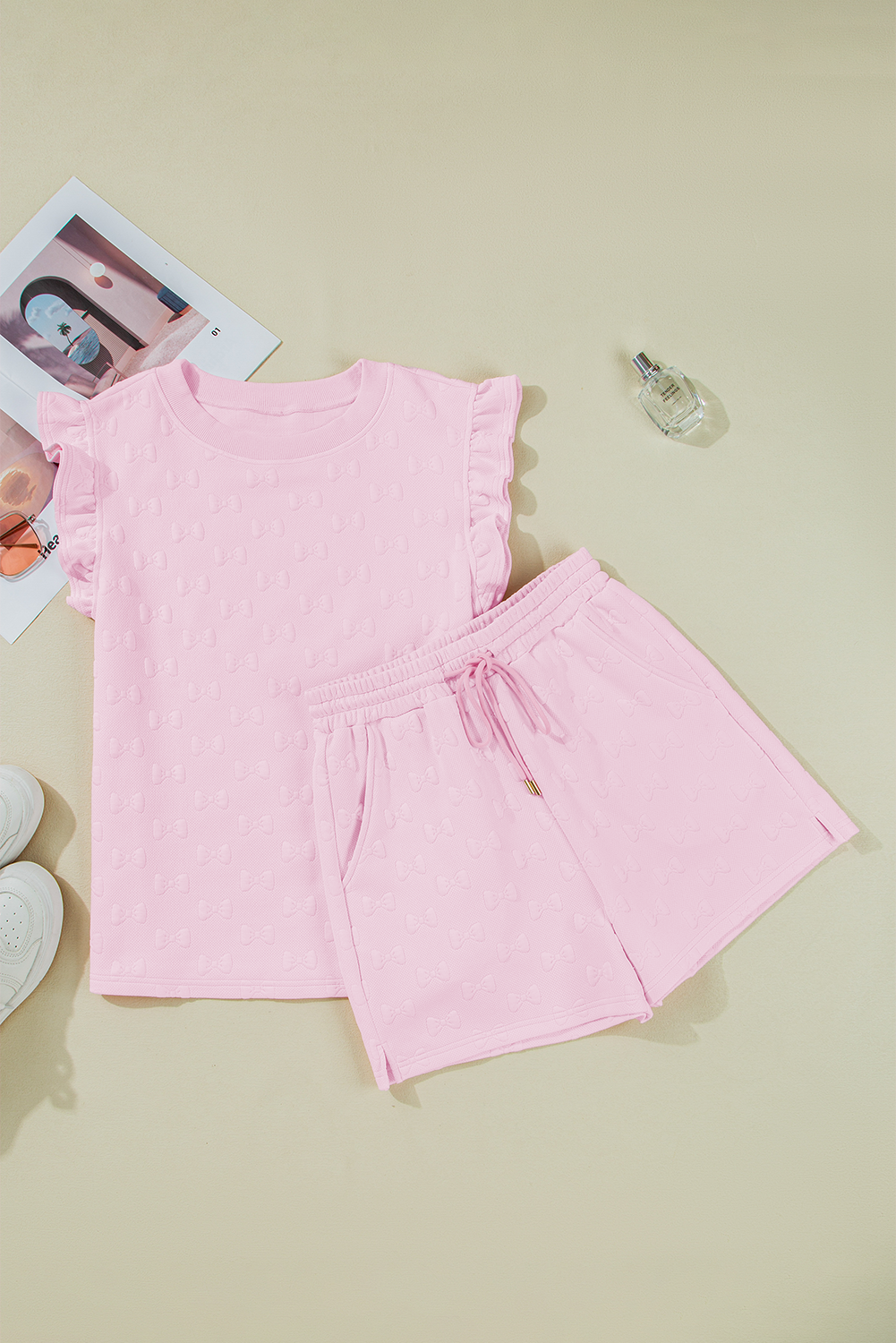 Pink Bow Ruffle Sleeve Short Set