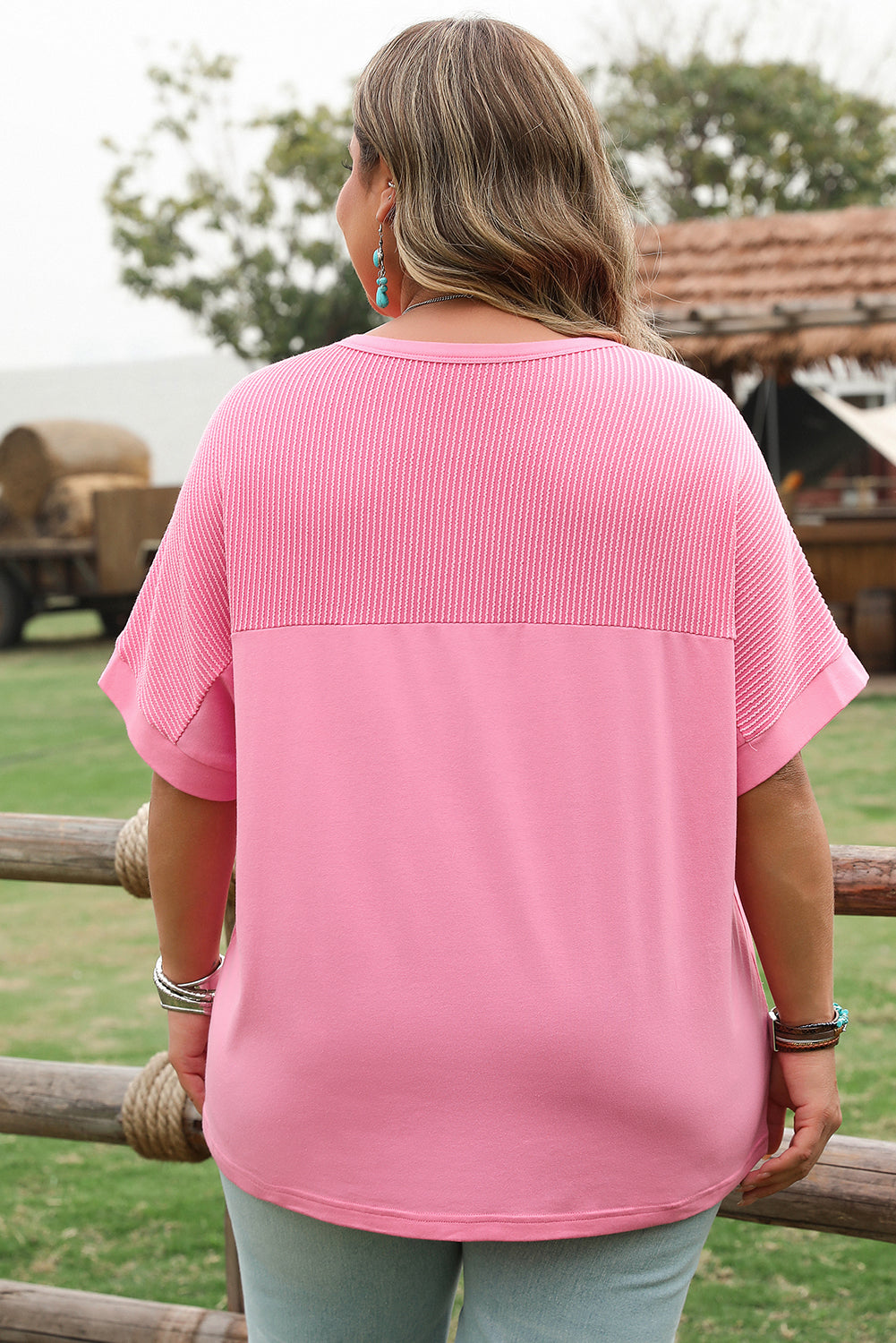 Pink Corded Patchwork Pocketed Plus Size T Shirt