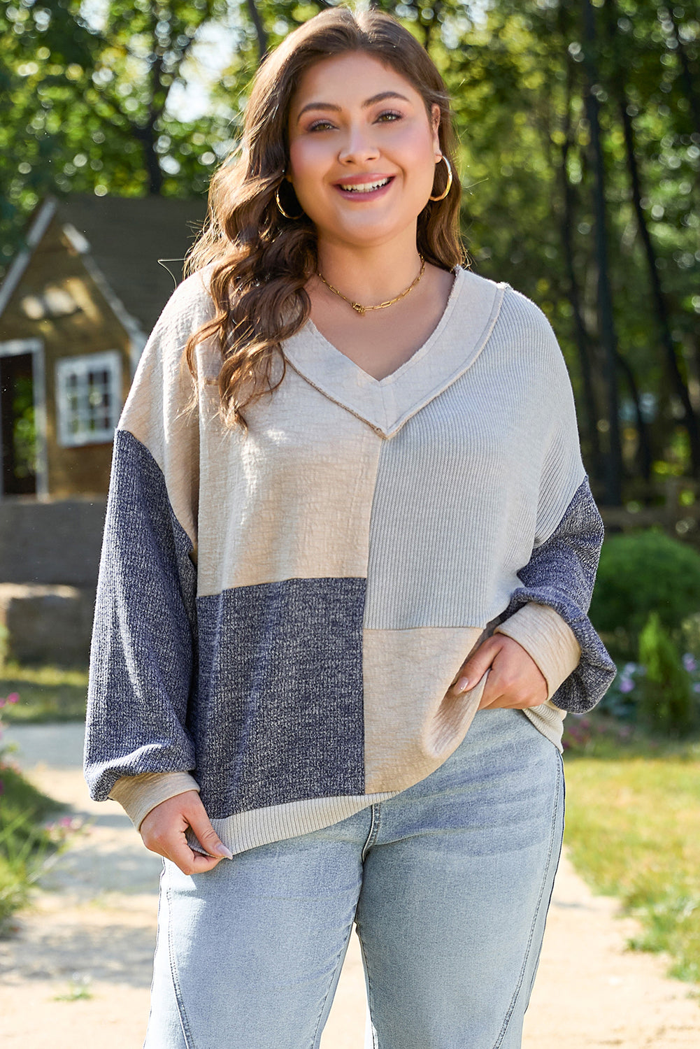 Blue Plus Size Colorblock Patchwork V Neck Top