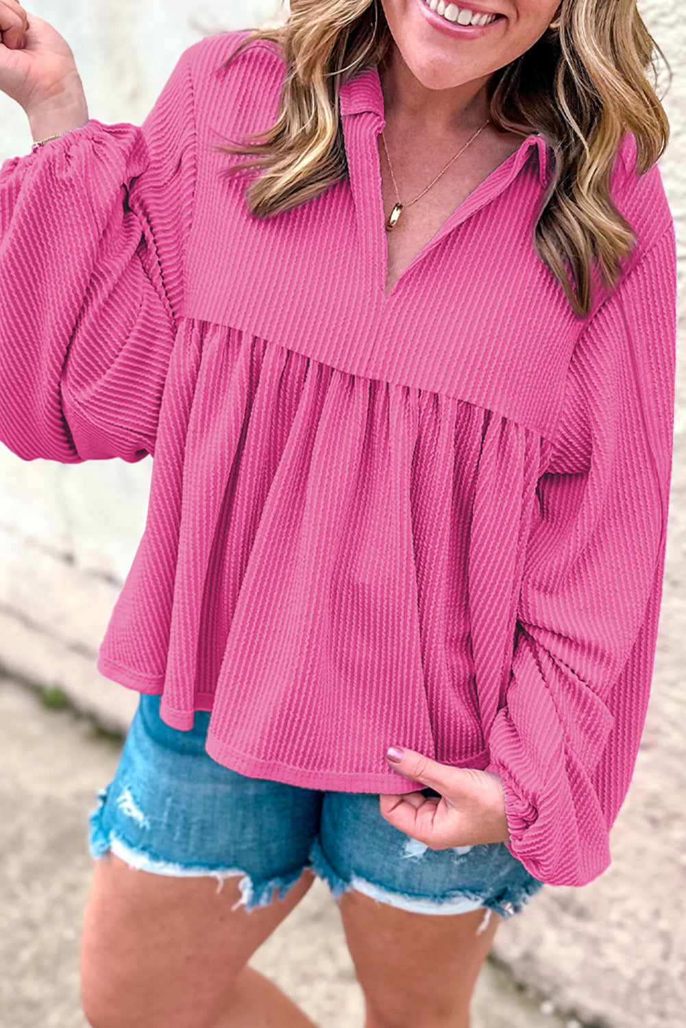 Bright Pink V Neck Bubble Sleeve Babydoll Blouse