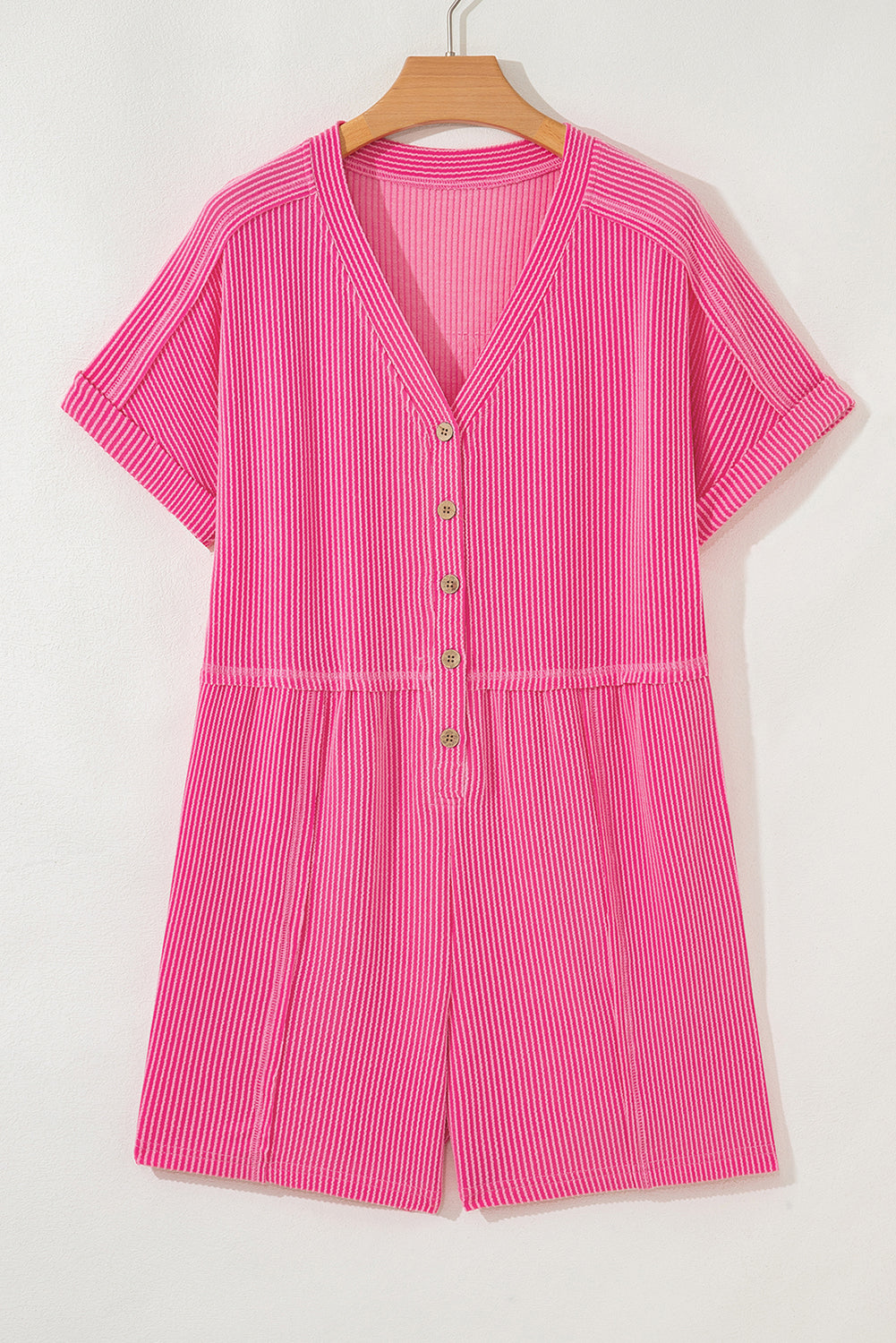 Bright Pink Ribbed Short Sleeve V Neck Romper