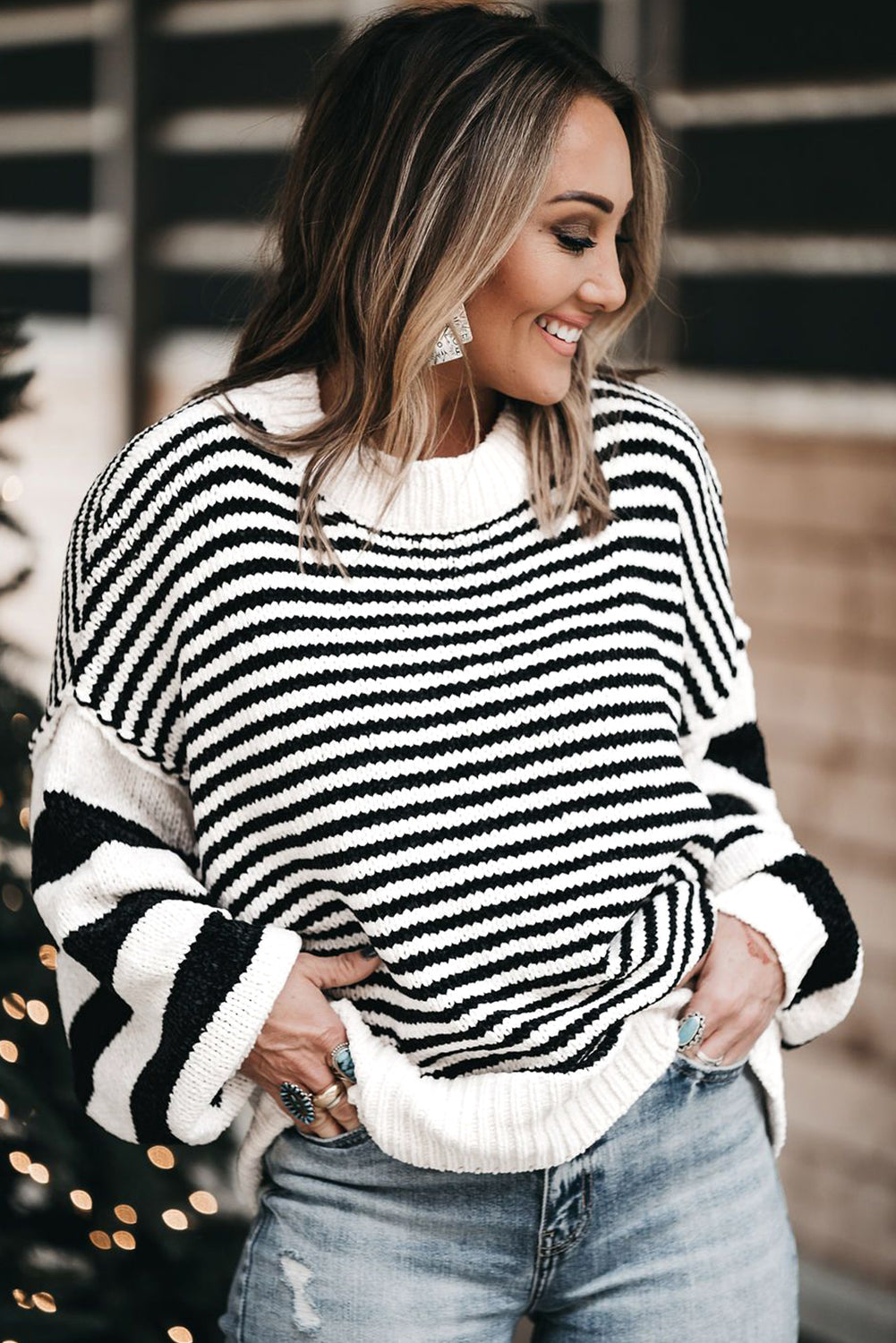 Black & White Striped Sleeve Knit Sweater