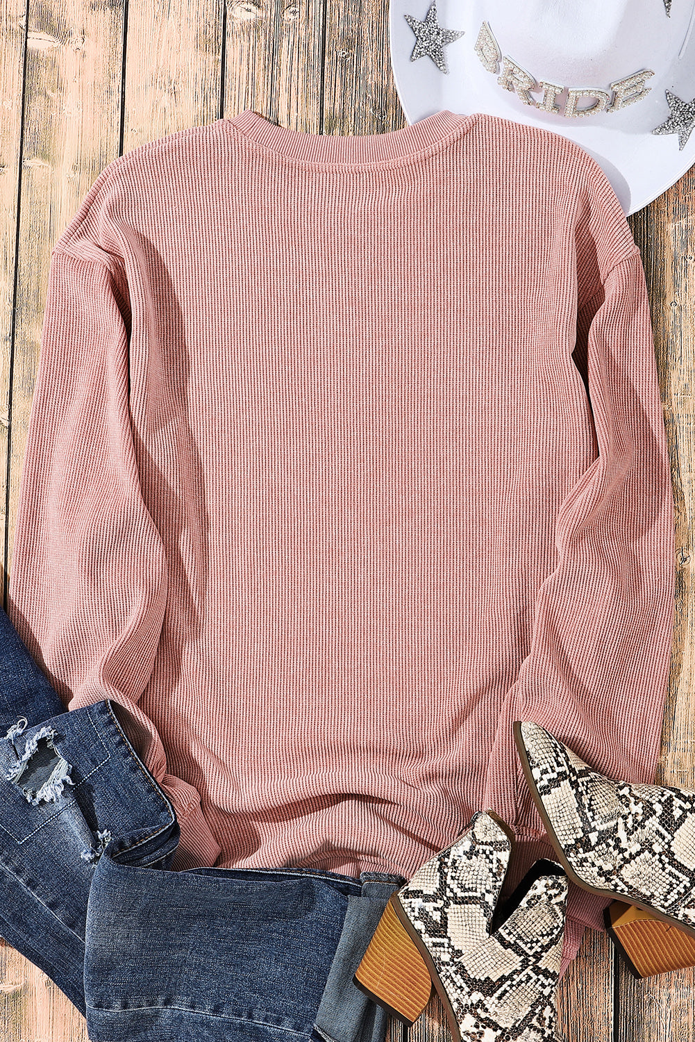 Pink Ribbed Knit Pullover Sweatshirt