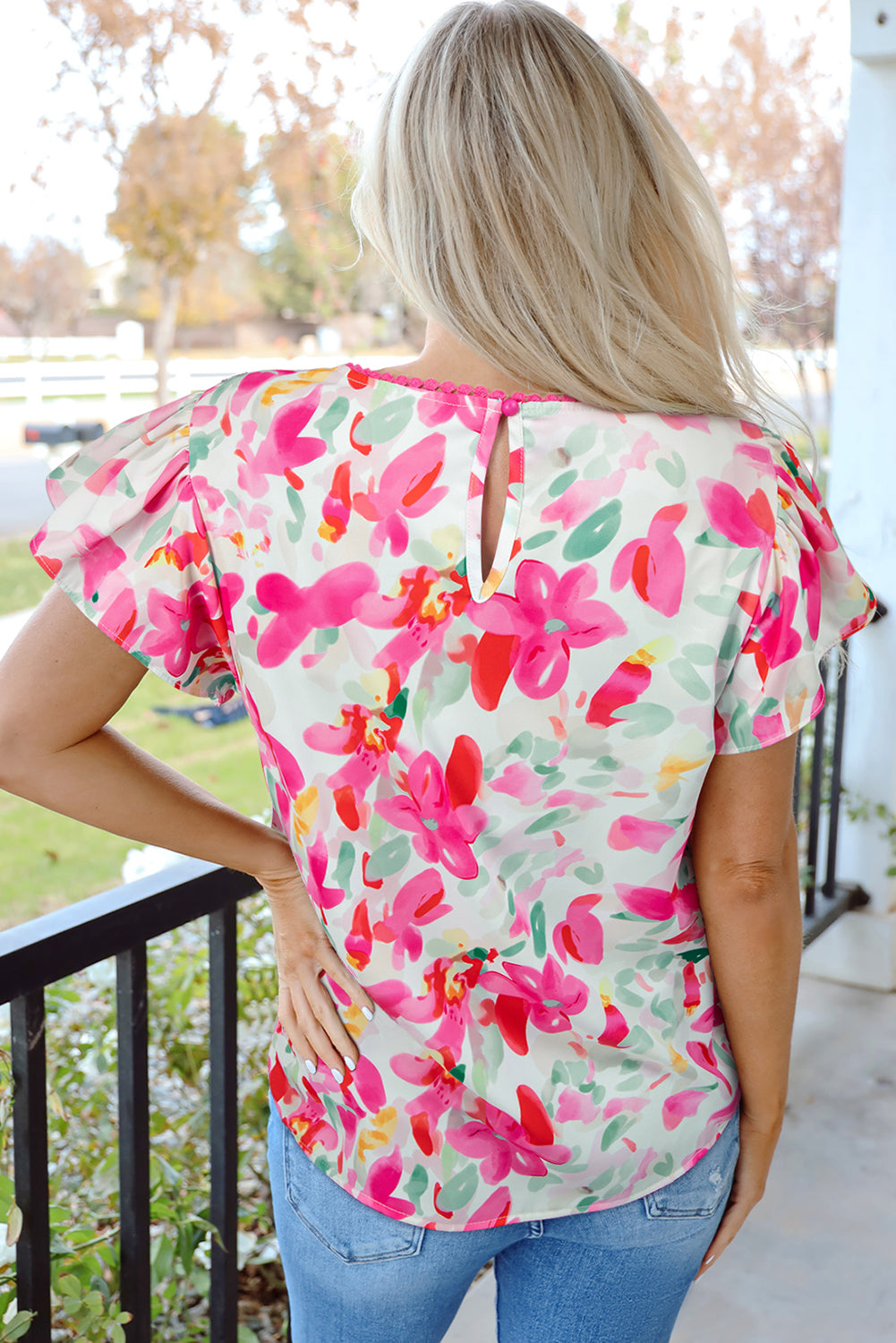 Rose Floral Print Flutter Sleeve Blouse