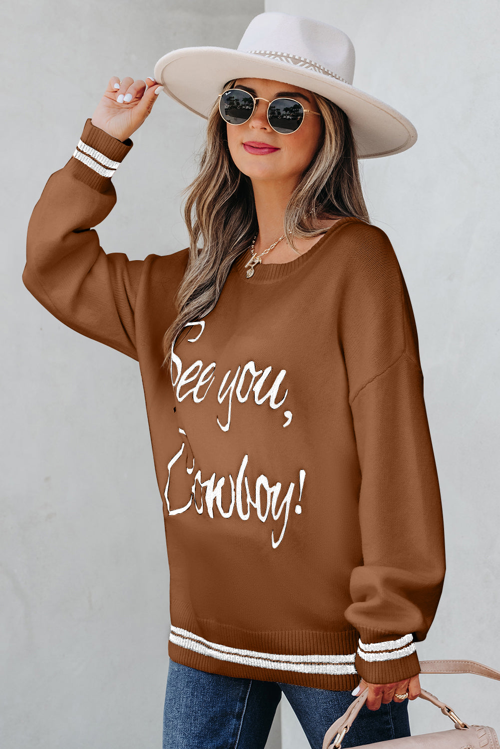 Brown ‘See You Cowboy’ Embroidered Western Sweater