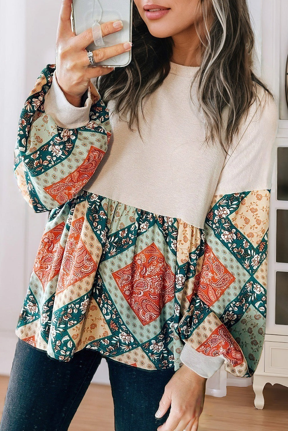 Paisley Print Geometric Patchwork Long Sleeve Top