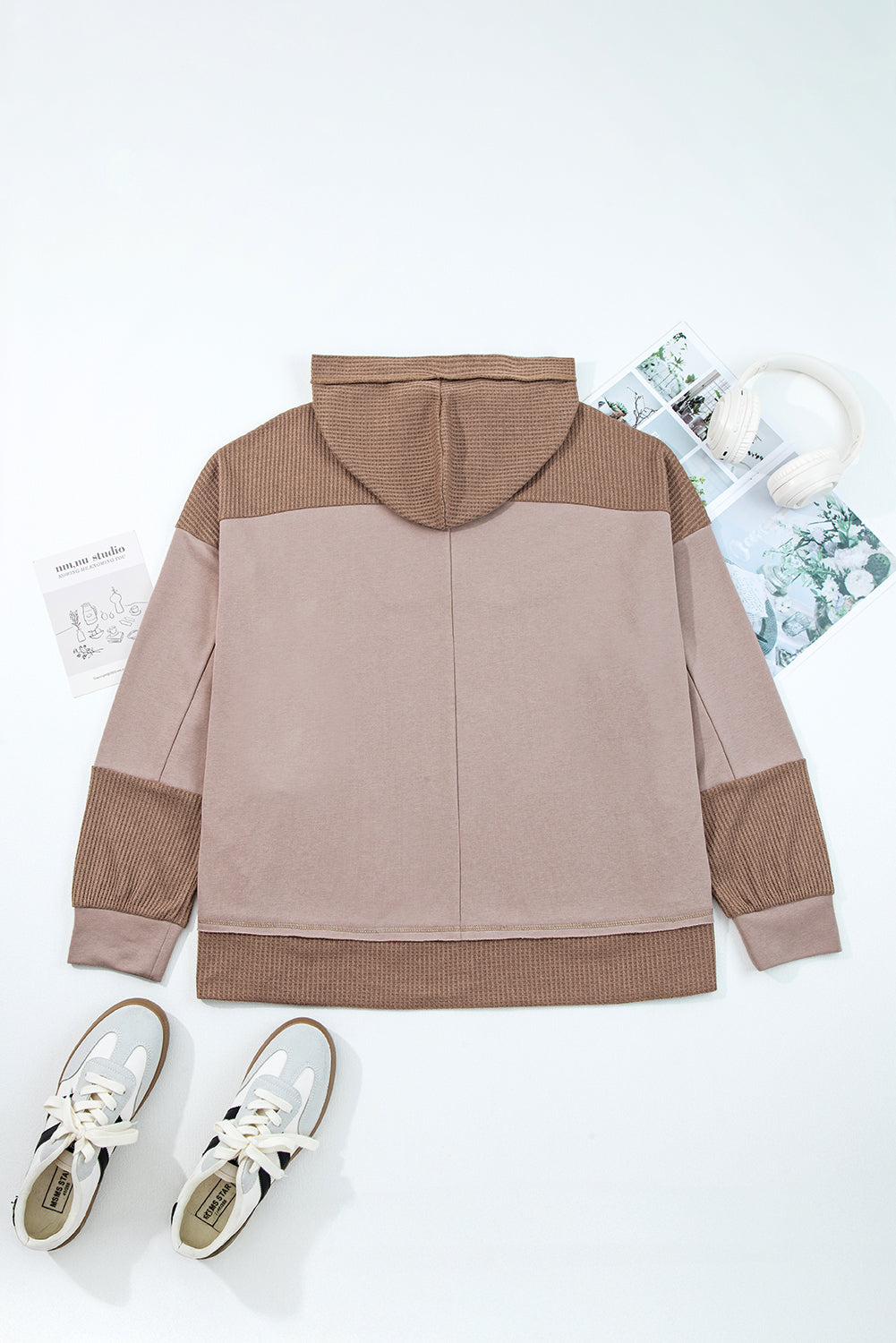 Brown Contrast Patchwork Plus Size Pocketed Hoodie
