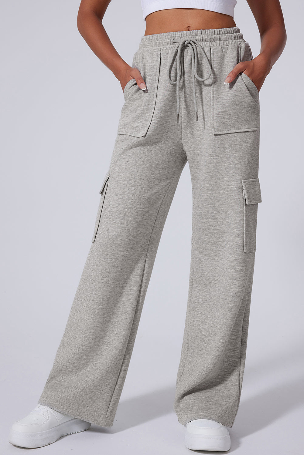 Light Grey Multi Pockets High Waist Wide Leg Pants
