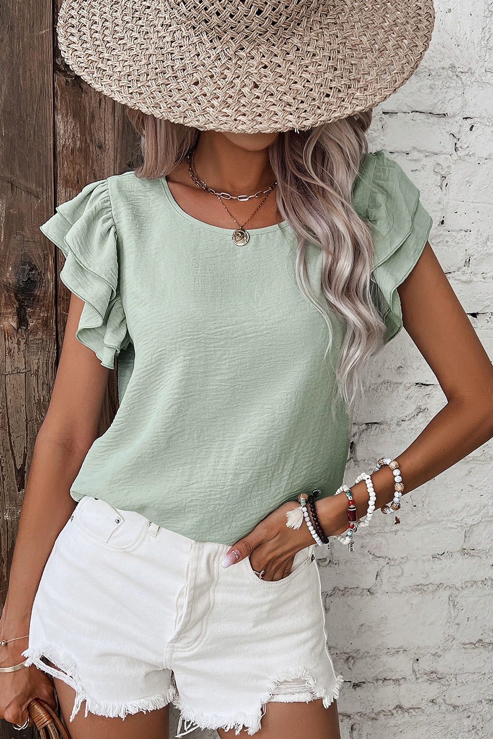Seafoam Ruffled Short Sleeve Casual Blouse