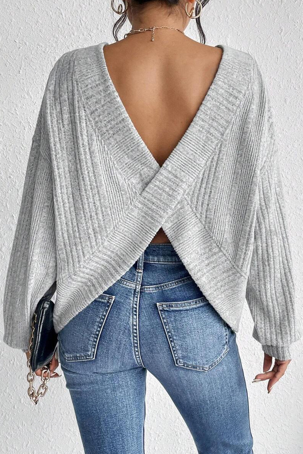 Light Grey Crossover Knit Long Sleeve Top
