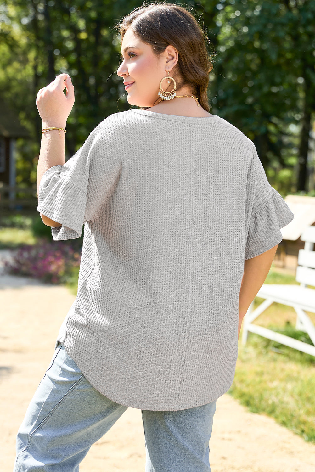 Light Grey Lace Waffle Ruffle Short Sleeve Plus Size Top