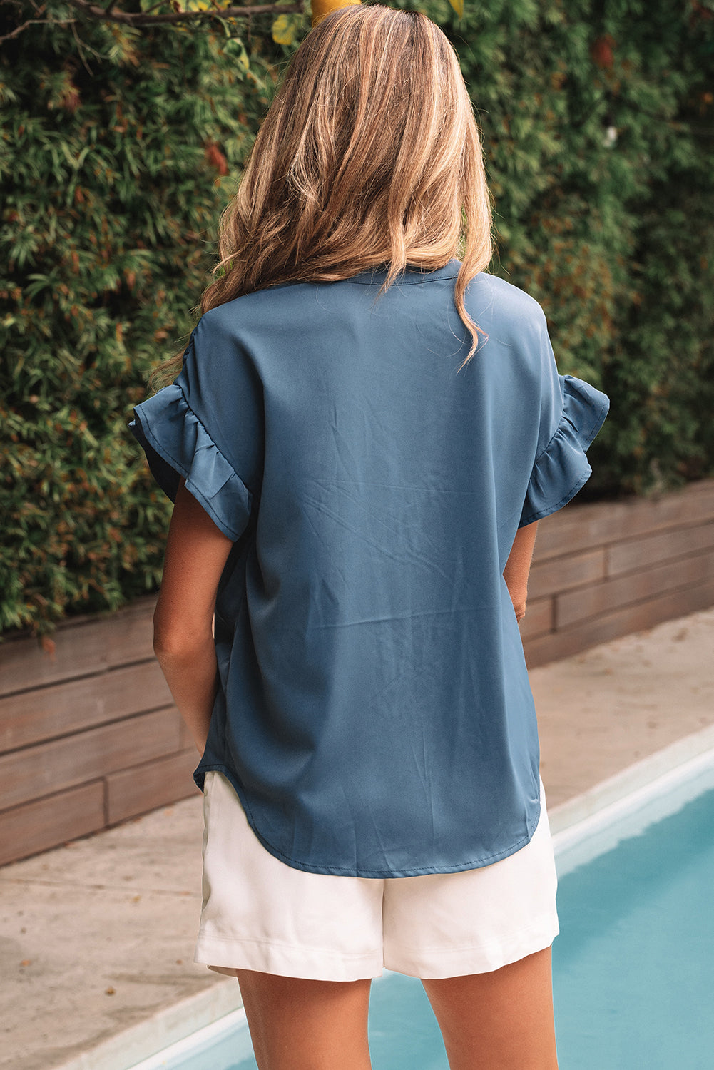 Blue Ruffle Ruched Short Sleeve Buttoned Shirt