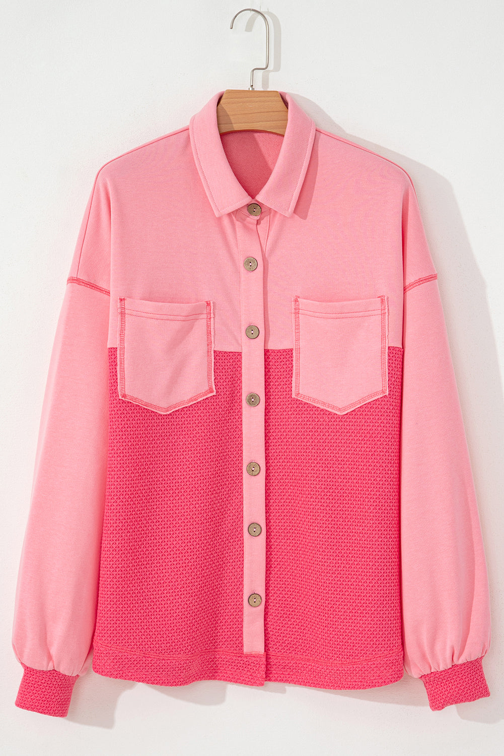 Pink Two Tone Contrast Waffle Knit Shacket