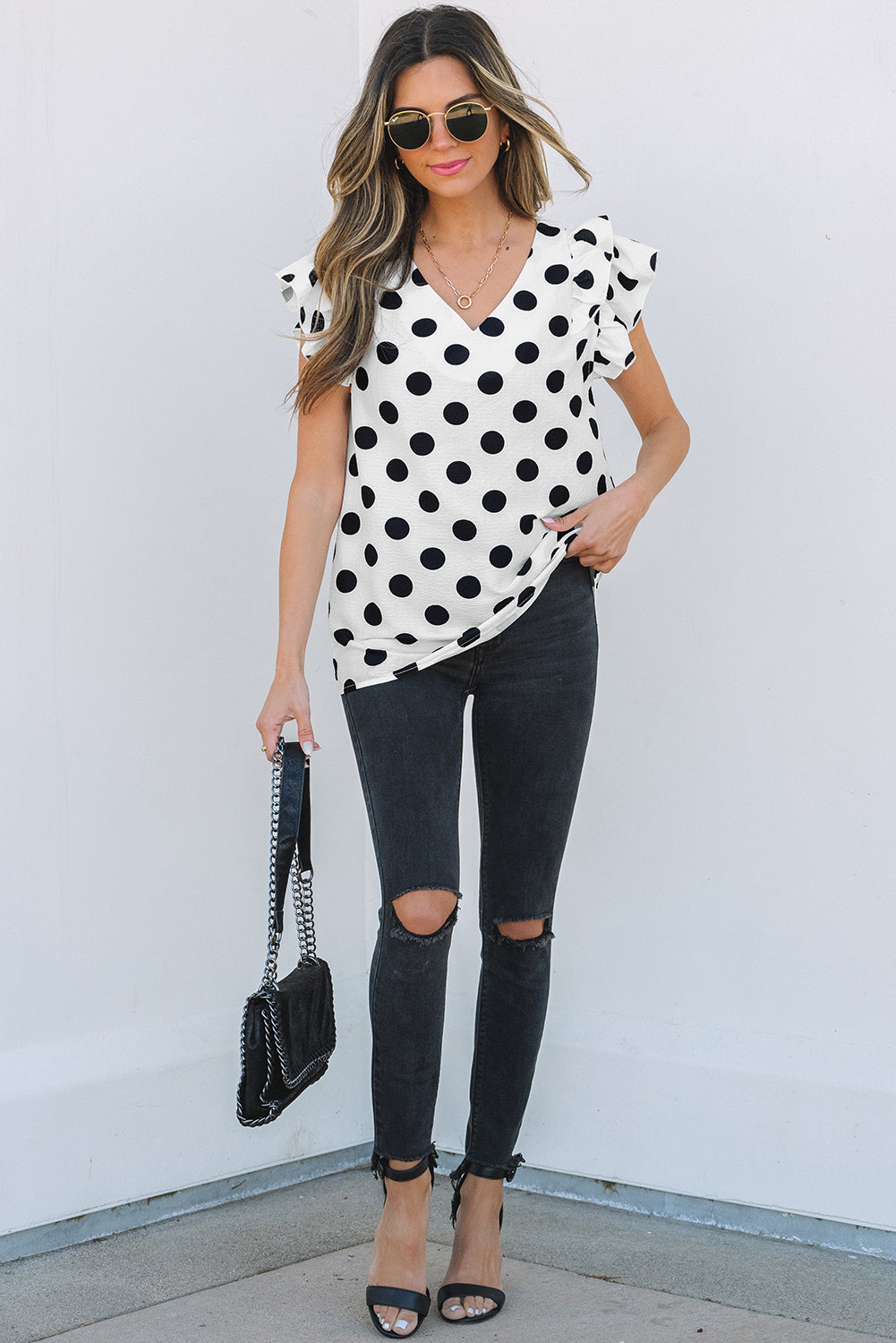 White Polka Dot Ruffled Sleeve V Neck Blouse