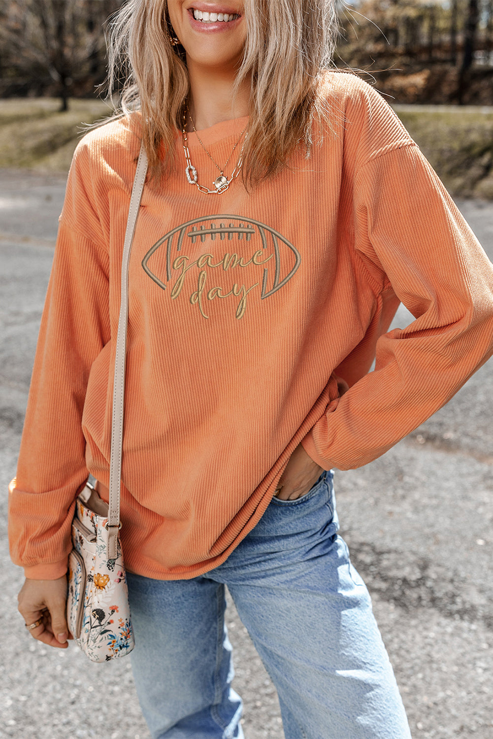 Orange Football Game Day Embroidered Corduroy Sweatshirt