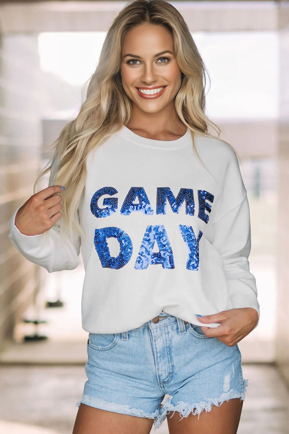 White & Blue Sequined ‘GAME DAY’ Sweater