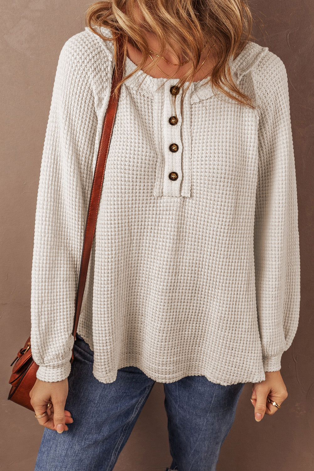 Cream Waffle Knit Buttoned Front Blouse