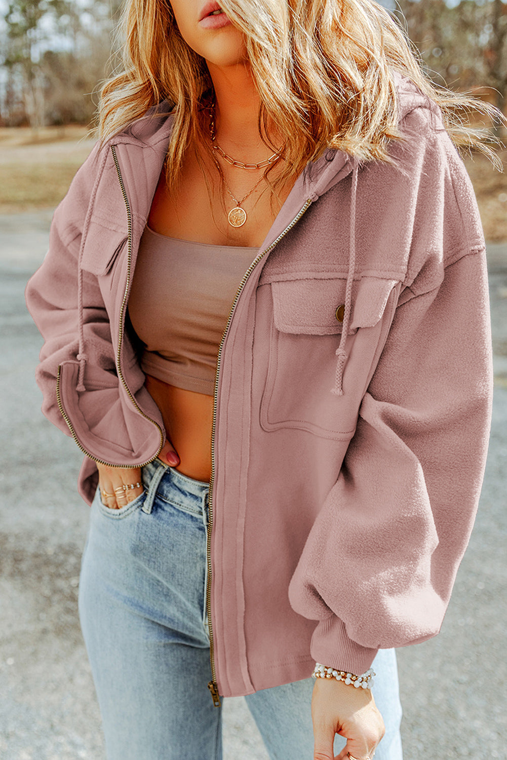 Pink Flap Pocket Zip Up Jacket