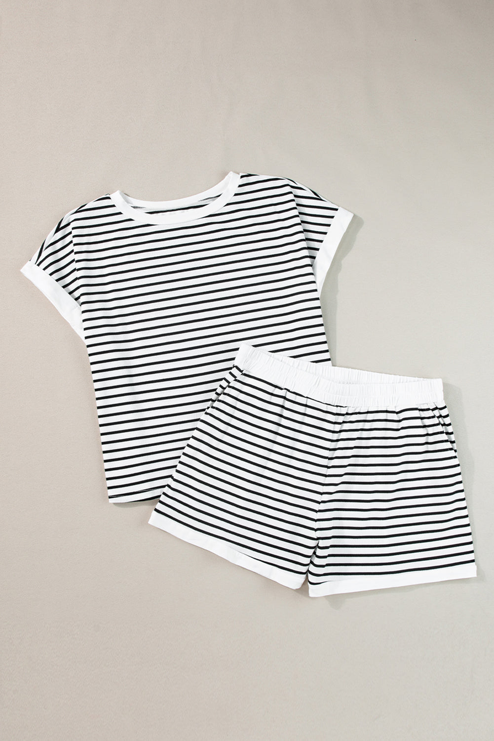 White Stripe Contrast Tee and Shorts Set